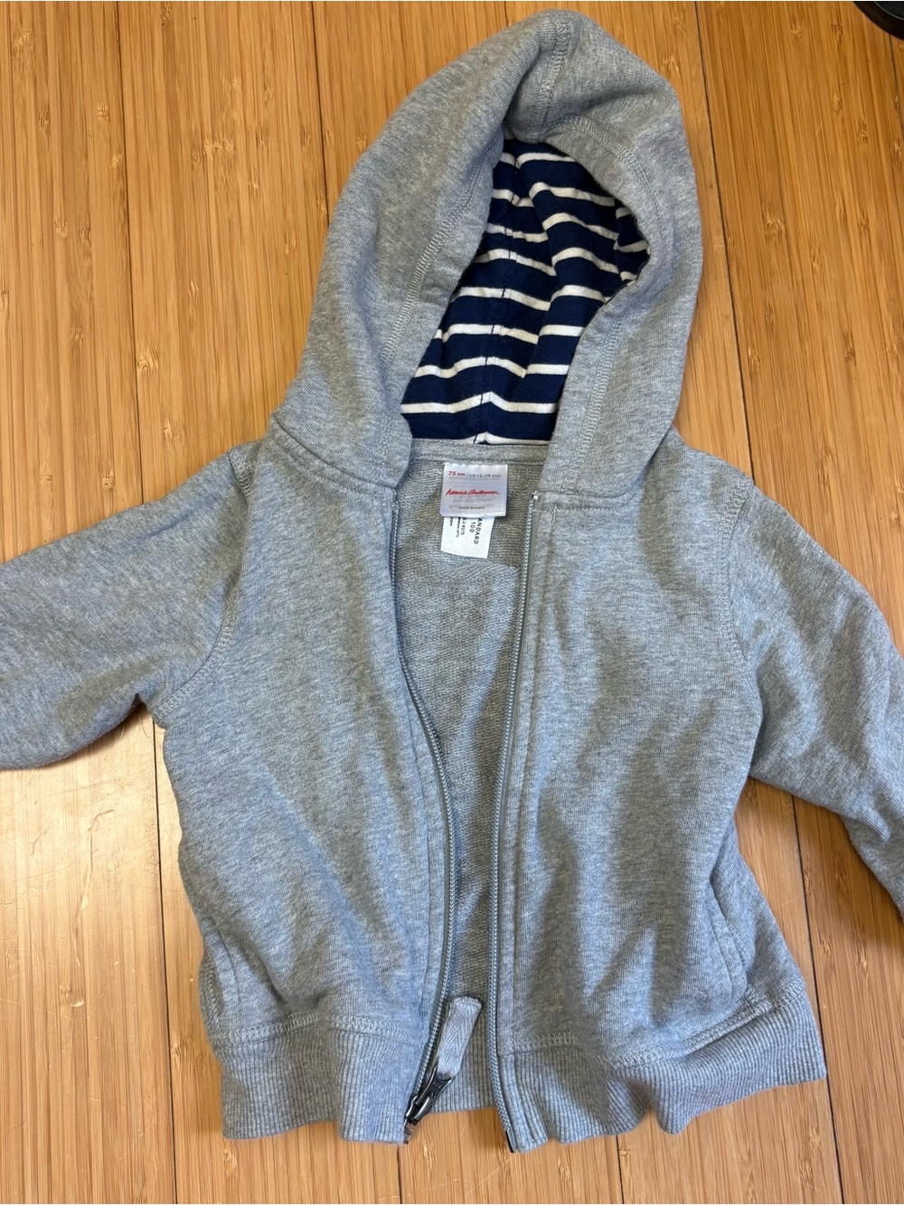 Hanna Andersson Kids Gray Zip Hoodie with Navy Striped Hood Lining